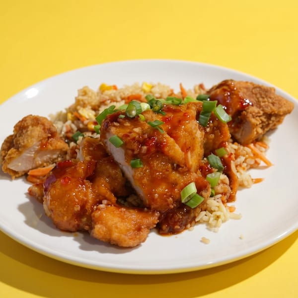 Sweet and sour chicken with fried rice and green onions on a white plate.