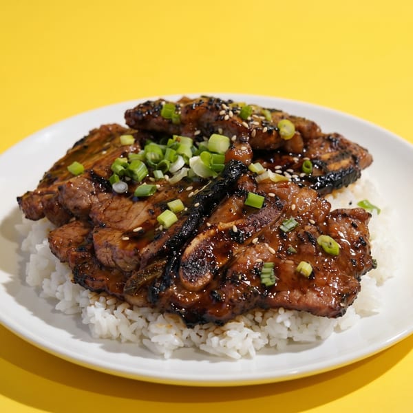 Grilled Korean BBQ short ribs (galbi) over white rice, garnished with green onions and sesame seeds.