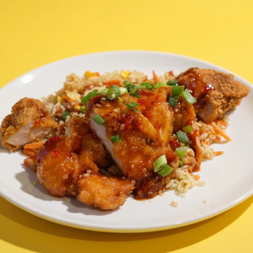 Sweet and sour chicken with fried rice and green onions on a white plate.