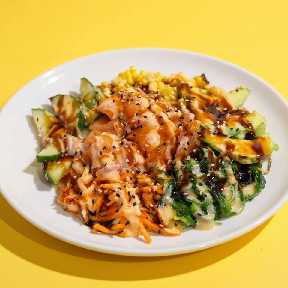 A colorful poke bowl with salmon, corn, avocado, seaweed, and cucumber on a white plate.