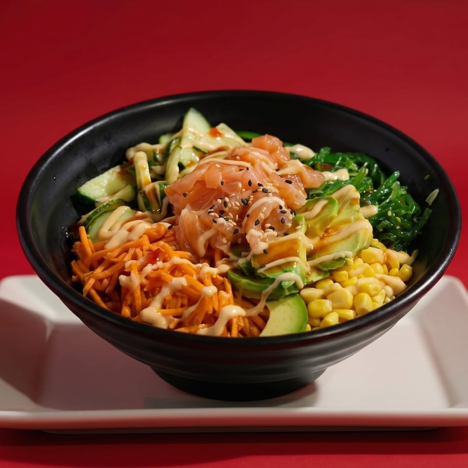 A colorful poke bowl with salmon, avocado, corn, carrots, cucumber, and seaweed on a red background.