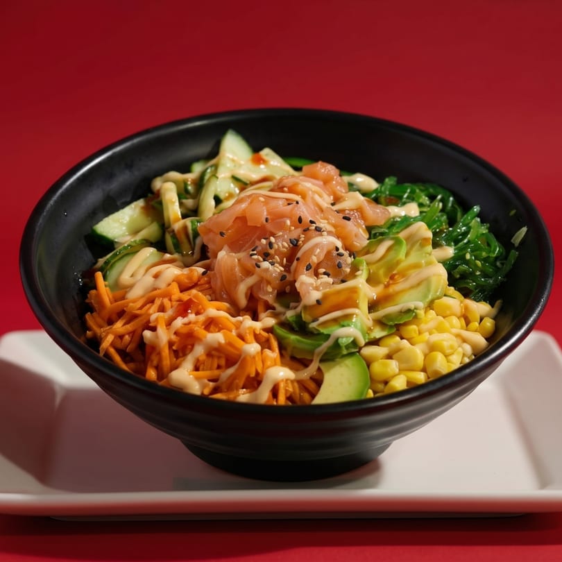 A colorful poke bowl with salmon, avocado, corn, carrots, cucumber, and seaweed on a red background.