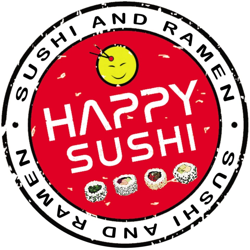 Happy Sushi and Ramen logo with a smiling emoji, four sushi rolls, and red background.