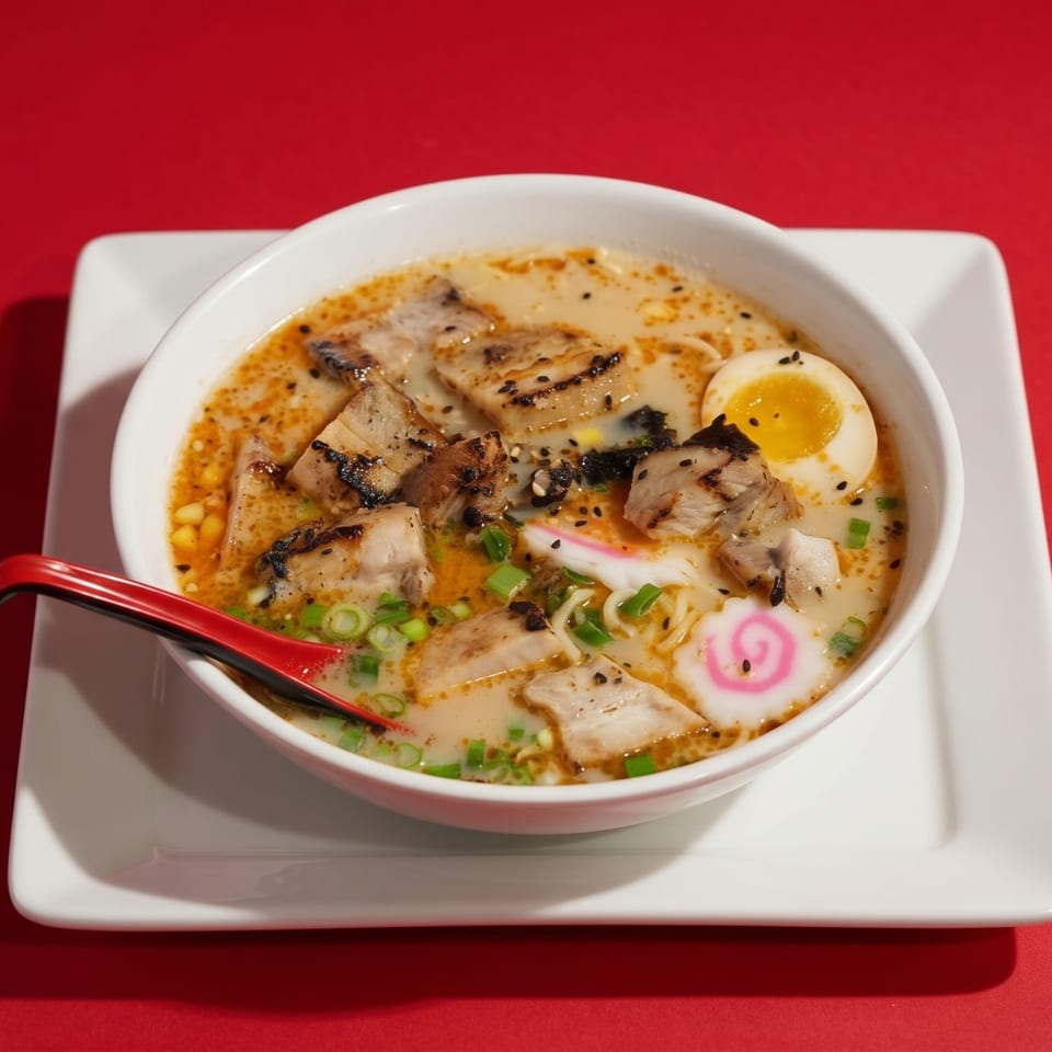 A bowl of ramen with pork, egg, green onions, and a pink swirl fish cake.