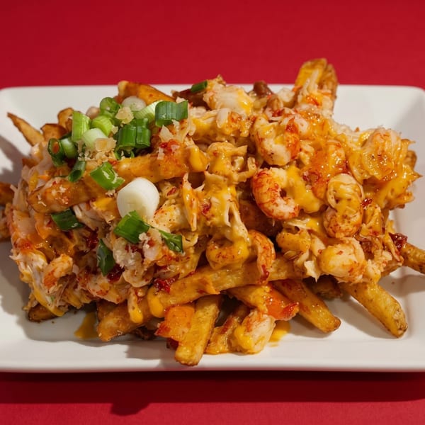 Golden french fries topped with melted cheese, shrimp, crab meat, and green onions on a white plate.