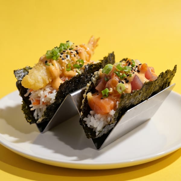 Two sushi tacos, one with tempura shrimp and the other with salmon and tuna poke.
