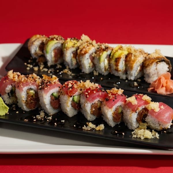 Two rows of sushi rolls on black plates, one with tuna and the other with eel and avocado.
