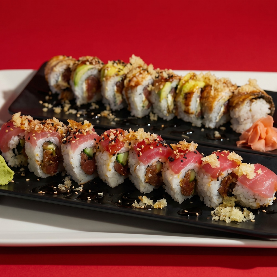 Two rows of sushi rolls on black plates, one with tuna and the other with eel and avocado.