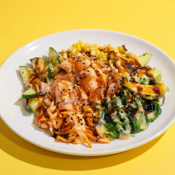 A colorful poke bowl with salmon, corn, avocado, cucumber, and seaweed on a white plate.